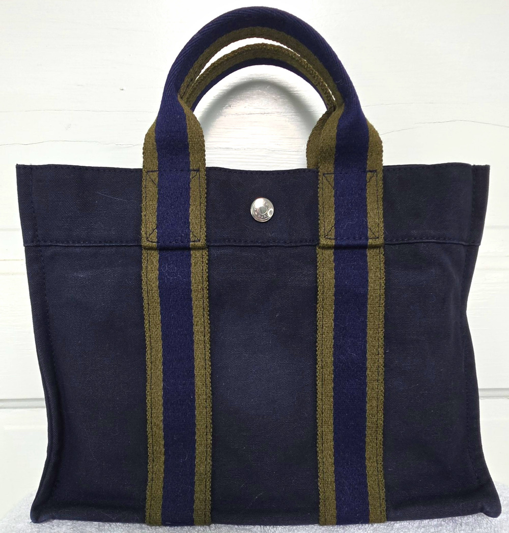 Hermès Navy Striped Tote PM Top Handle Snap Close Silver HW w/COA
